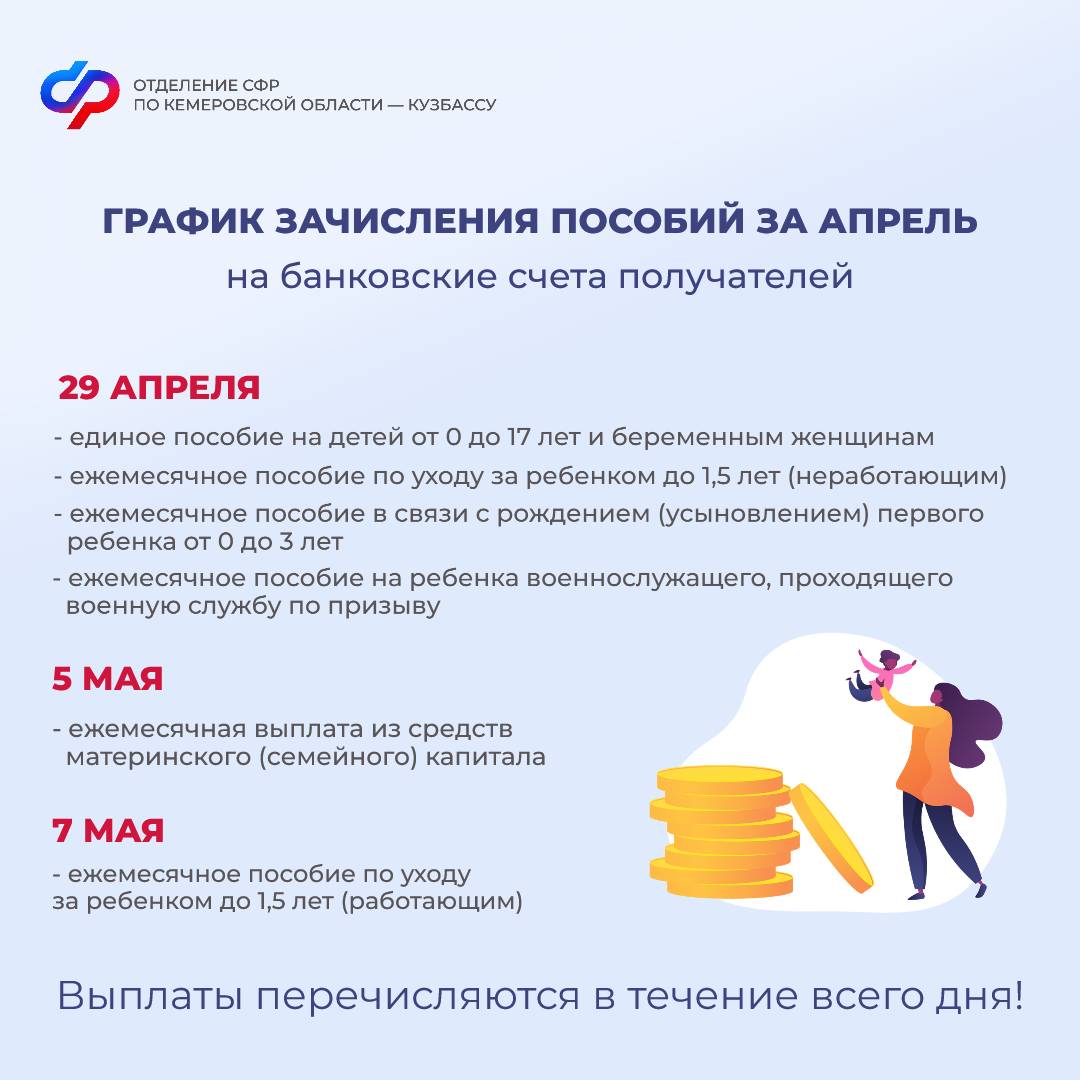 Детские пособия Отделение СФР по Кемеровской области – Кузбассу выплатит досрочно в связи с майскими праздниками и выходными