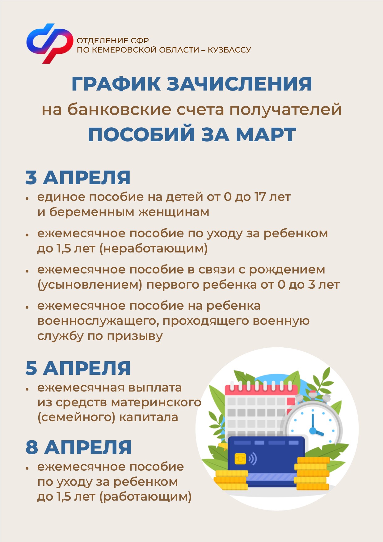 График зачисления пособий за март